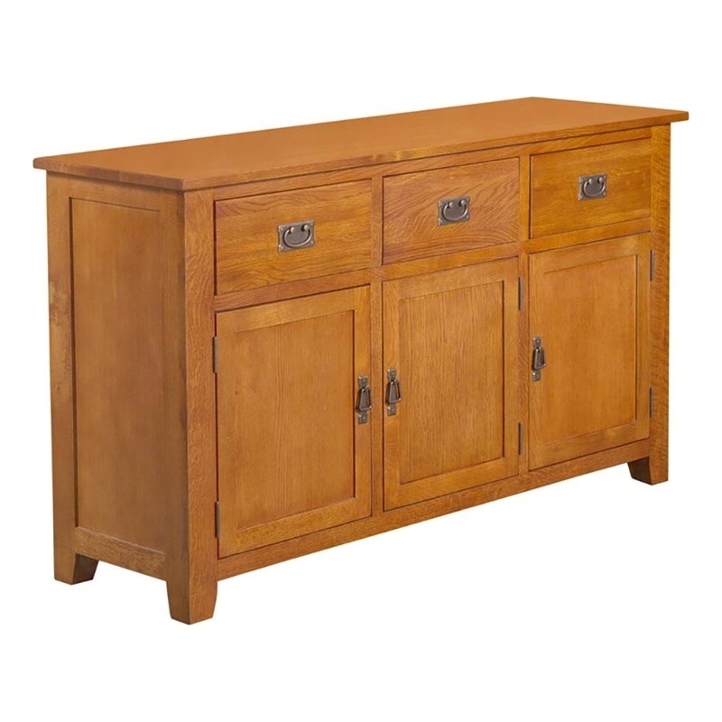 Pemberly Row Arts and Crafts 3-Door Solid Wood Sideboard in Cherry
