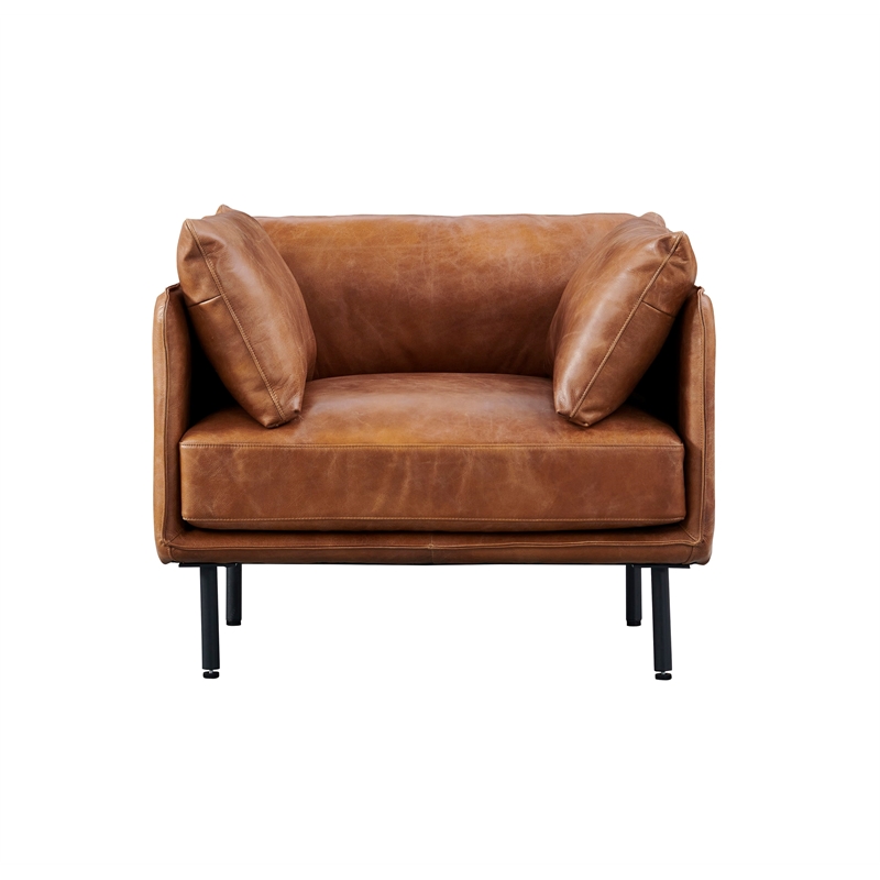 Pemberly Row Contemporary Leather Arm Chair in Light Brown Finish