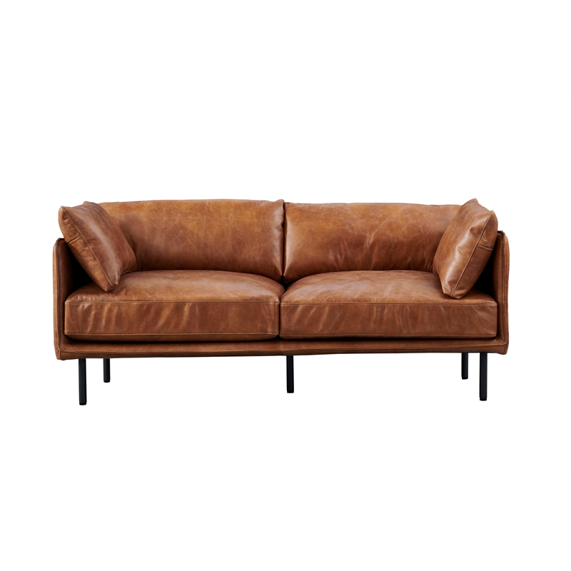 Pemberly Row Contemporary Leather Loveseat in Light Brown Finish