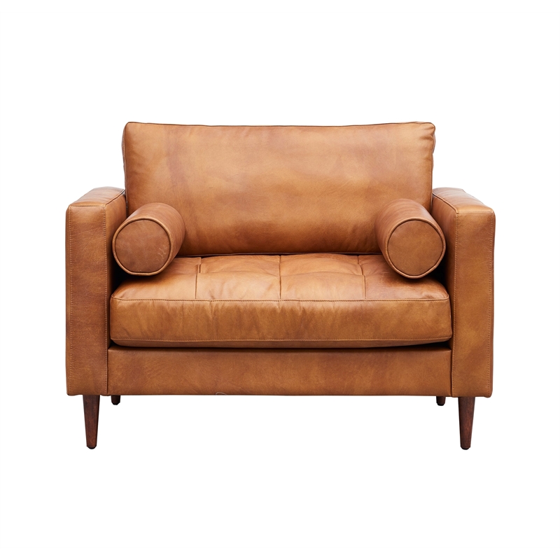 Pemberly Row Contemporary Italian Leather Arm Chair in Light Brown