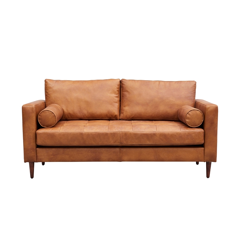 Pemberly Row Contemporary Italian Leather Loveseat in Light Brown