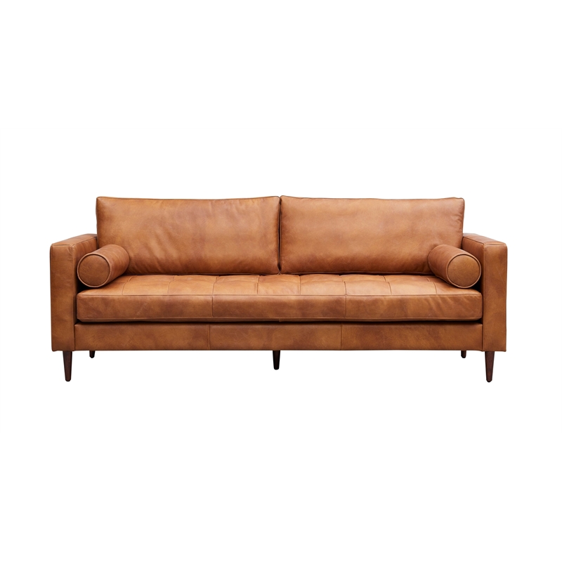 Pemberly Row Contemporary Italian Leather Sofa in Light Brown
