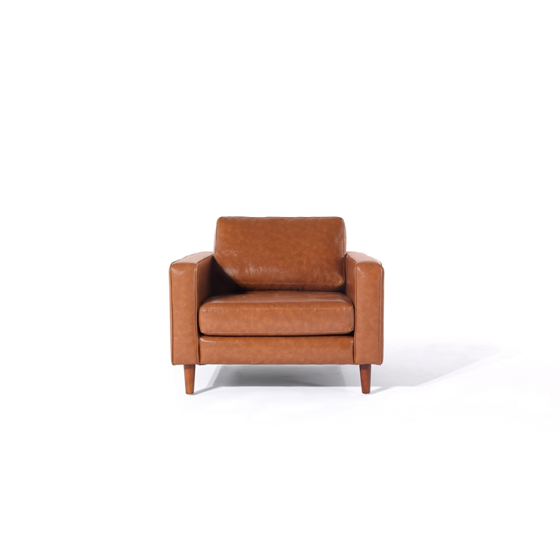 Pemberly Row PU Faux Leather & Wood Arm Chair in Light Brown