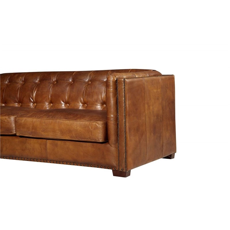 Pemberly Row Contemporary Italian Leather Sofa in Light Brown