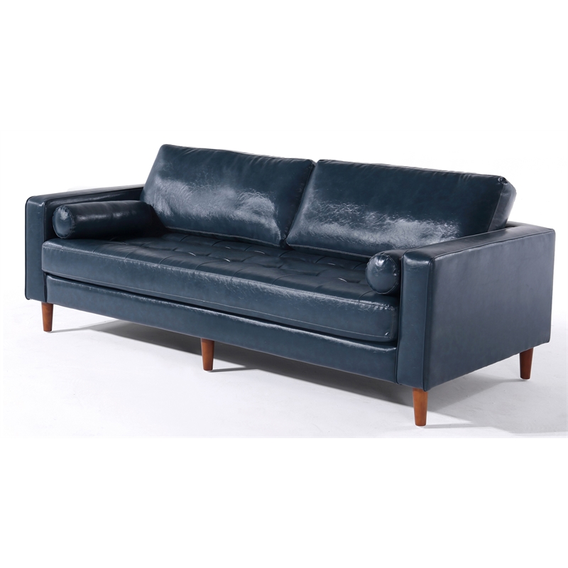 Pemberly Row Contemporary PU Faux Leather Sofa in Blue Finish
