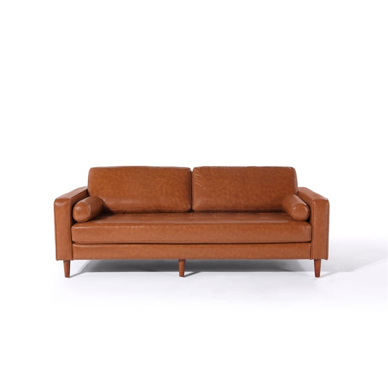 Pemberly Row Contemporary PU Faux Leather Sofa in Brown Finish