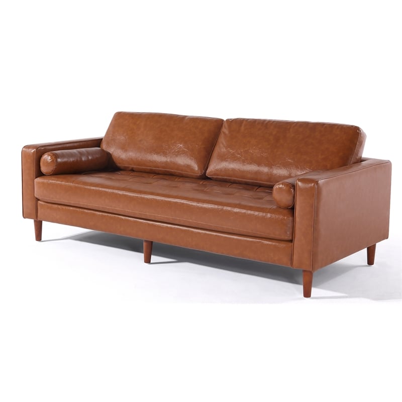 Pemberly Row Contemporary PU Faux Leather Sofa in Brown Finish