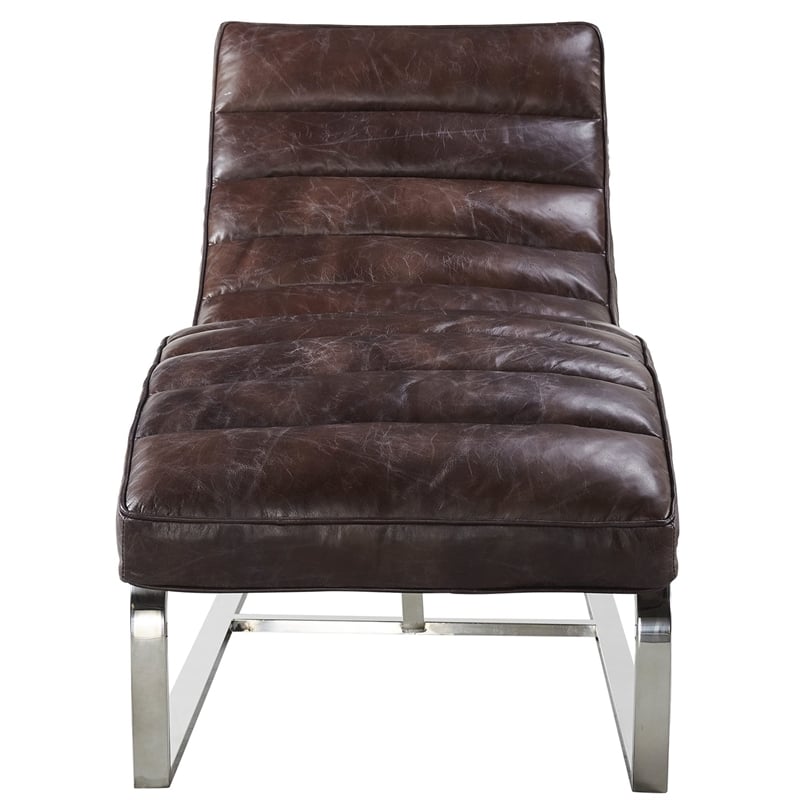 Pemberly Row Channeled Leather & Steel Chaise Lounge in Dark Brown