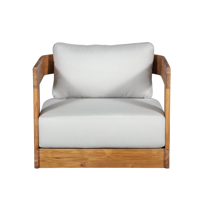 Pemberly Row Outdoor Solid Teak Swivel Chair - Light Grey Fabric