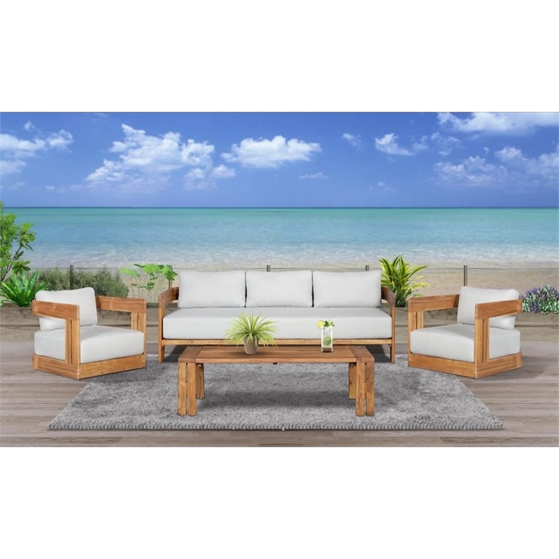 Pemberly Row Outdoor Solid Teak Swivel Chair - Light Grey Fabric