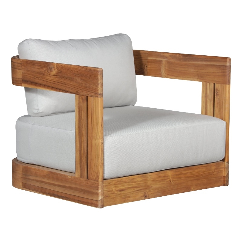 Pemberly Row Outdoor Solid Teak Swivel Chair - Light Grey Fabric