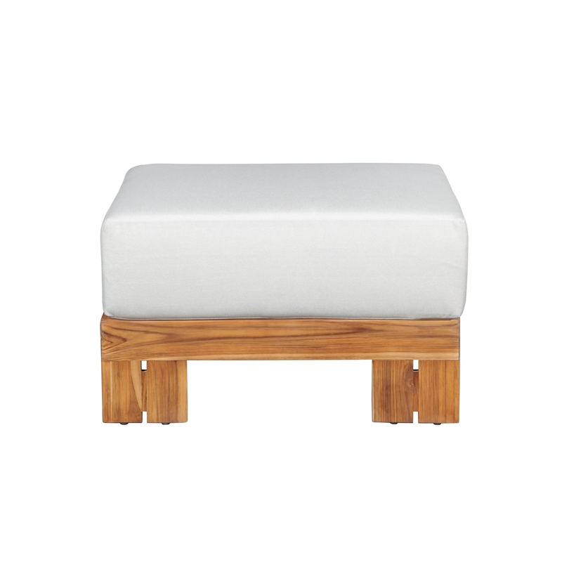 Pemberly Row Outdoor Solid Teak Wood Ottoman - Light gray fabric