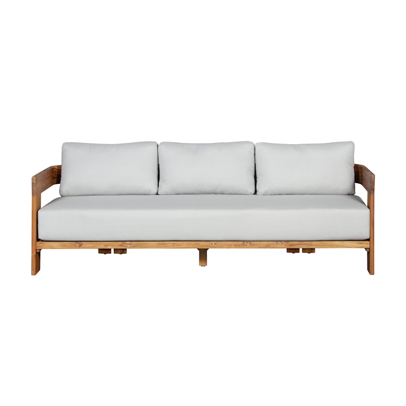 Pemberly Row Outdoor Solid Teak Wood Sofa - Light Gray Fabric
