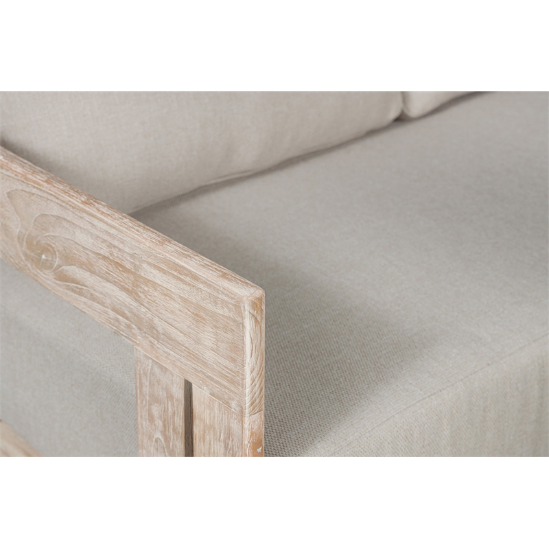 Pemberly Row Teak Wood Sofa Natural Look in Gray Finish Fabric
