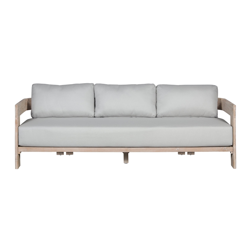 Pemberly Row Teak Wood Sofa Natural Look - Light Grey Fabric