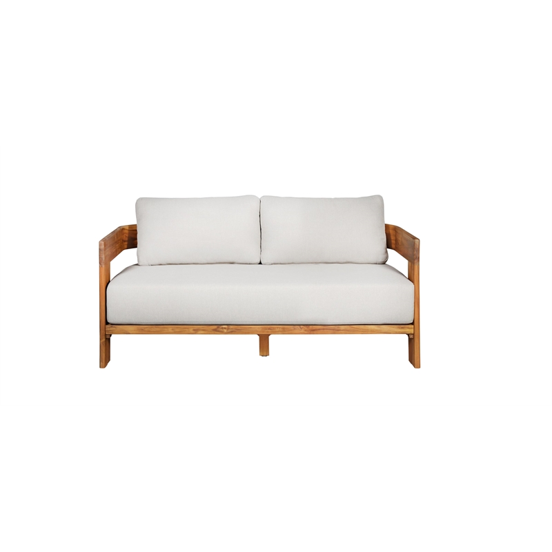 Pemberly Row Outdoor Solid Teak Wood Love seat - Gray Fabric
