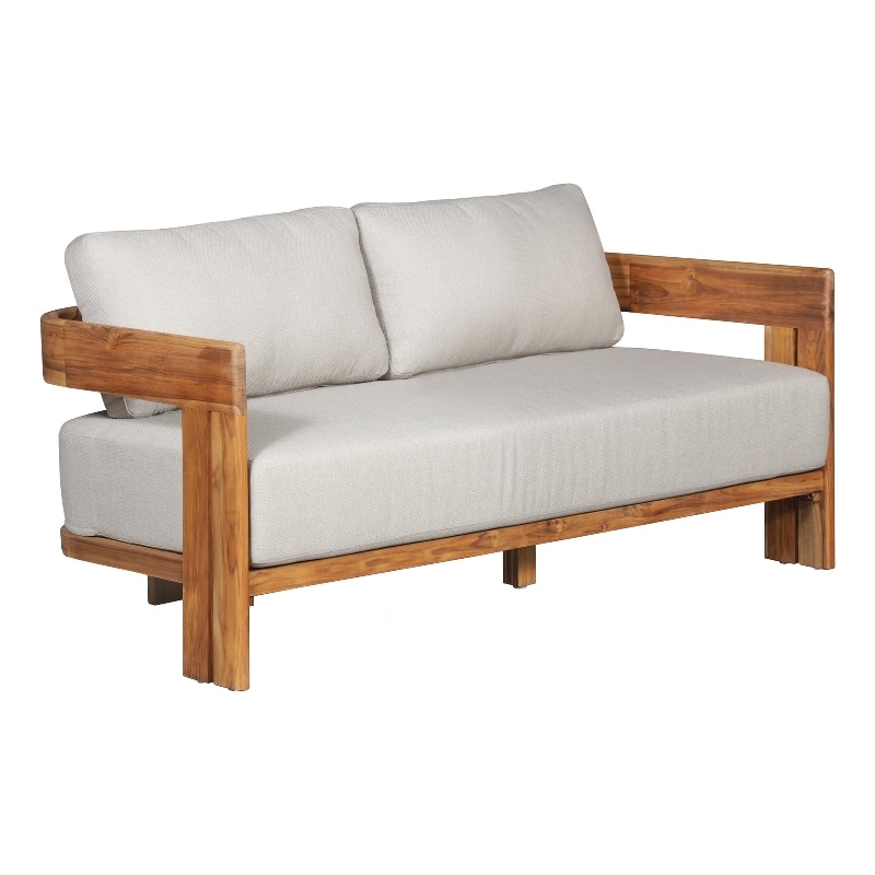 Pemberly Row Outdoor Solid Teak Wood Love seat - Gray Fabric