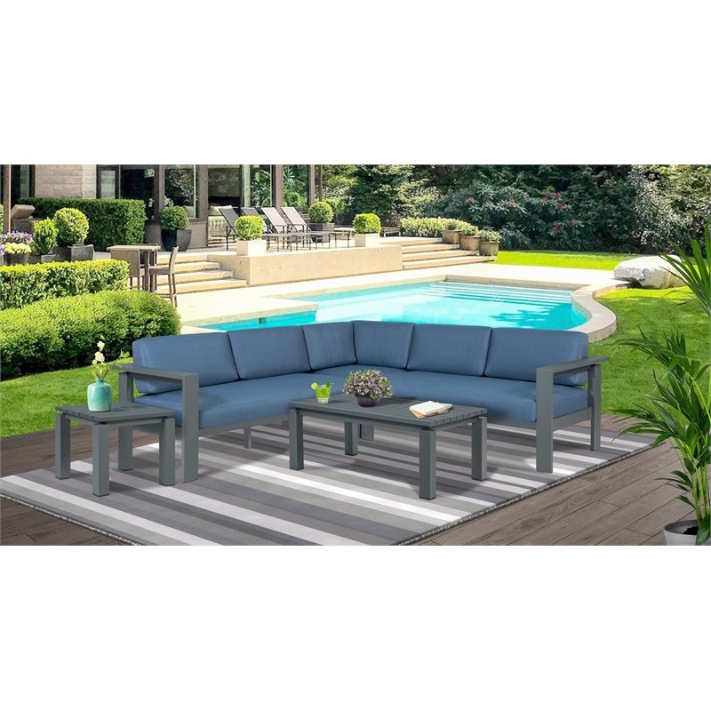 Pemberly Row Aluminum Frame Outdoor Sectional Sofa - Blue Cushions