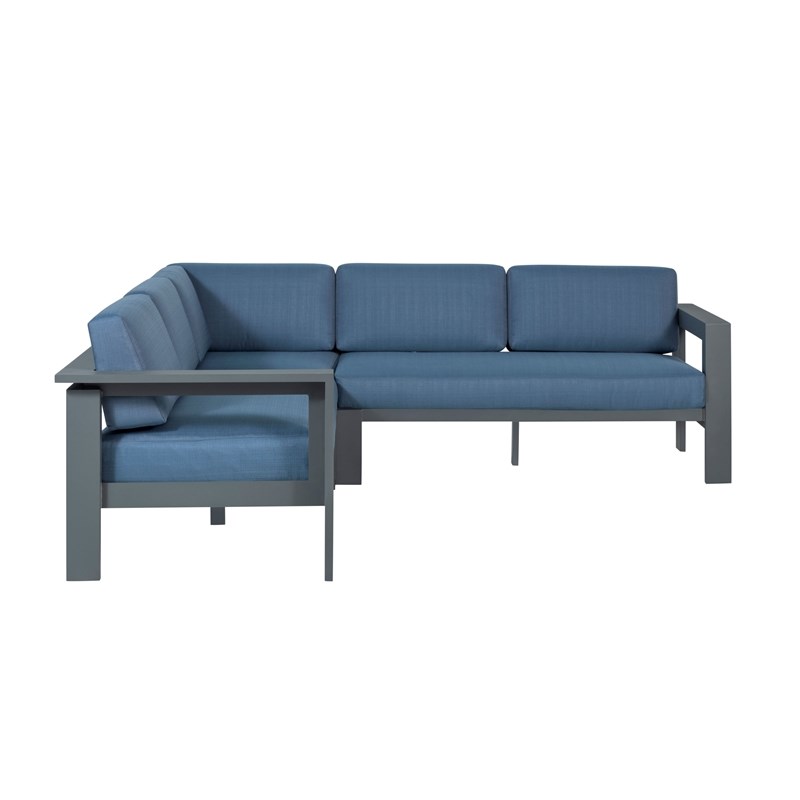 Pemberly Row Aluminum Frame Outdoor Sectional Sofa - Blue Cushions
