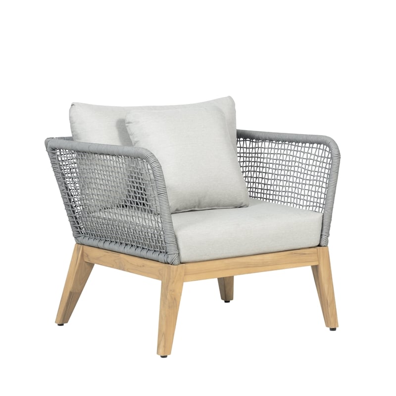 Pemberly Row Teak Wood Outdoor Arm Chair with Gray Rope Design