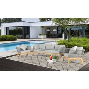 Pemberly Row Teak Wood Outdoor Arm Chair with Gray Rope Design