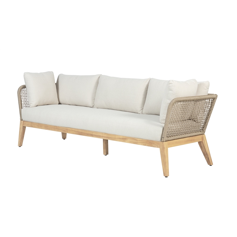 Pemberly Row Modern Teak Wood Sofa with Beige Color Rope Design
