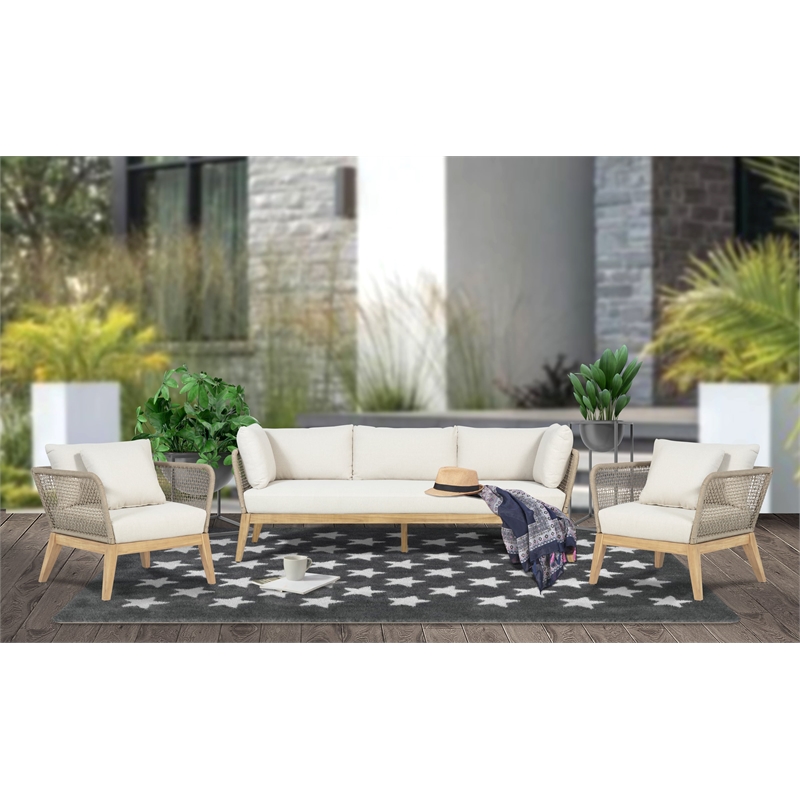 Pemberly Row Modern Teak Wood Sofa with Beige Color Rope Design