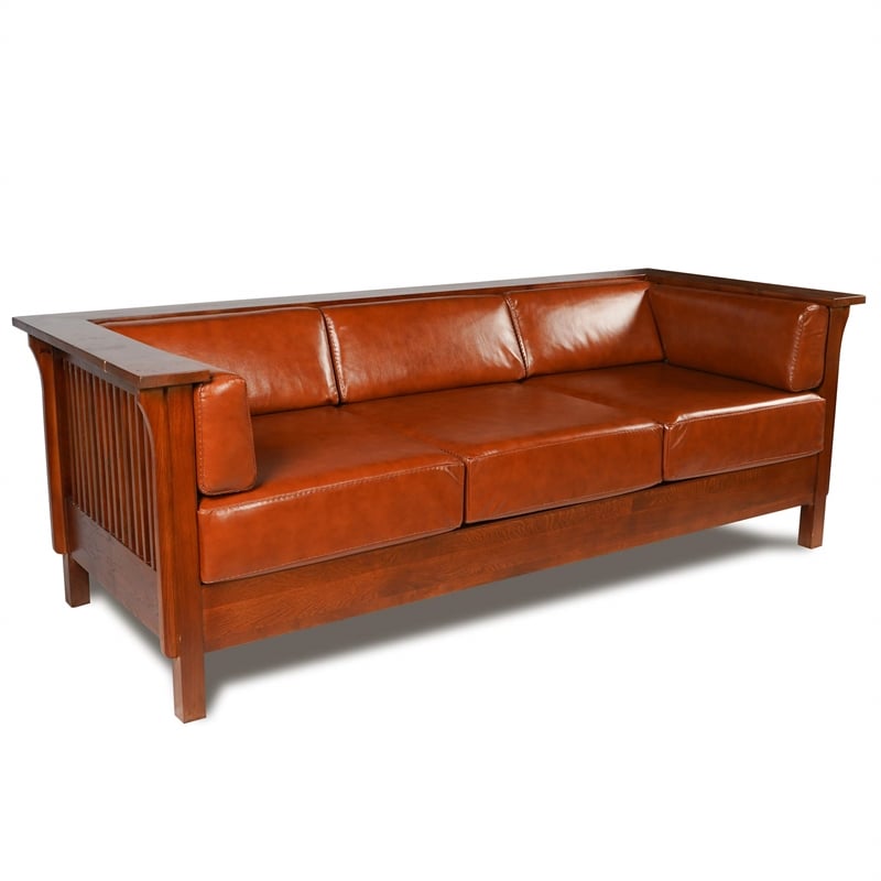 Pemberly Row Mission / Craftsman Cubic Slat Side Sofa - Russet Brown Leather