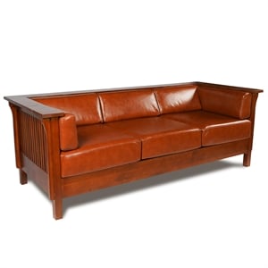Pemberly Row Mission / Craftsman Cubic Slat Side Sofa - Russet Brown Leather