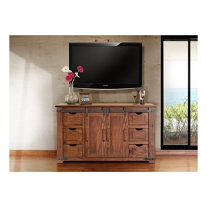 Pemberly Row Contemporary Solid Wood Sliding Door TV Stand - 60&quot - Brown