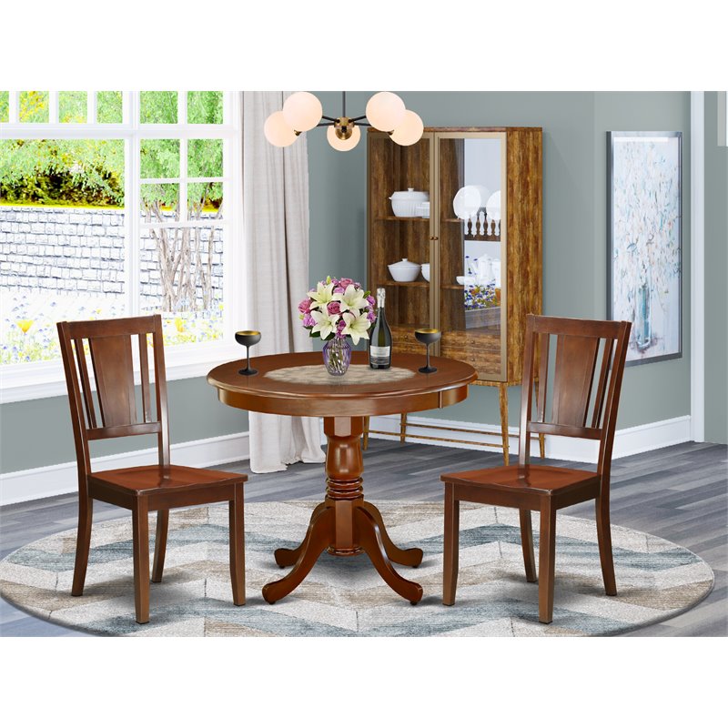 Pemberly Row Antique 3-piece Dining Set with Wood Seat Chairs in Mahogany