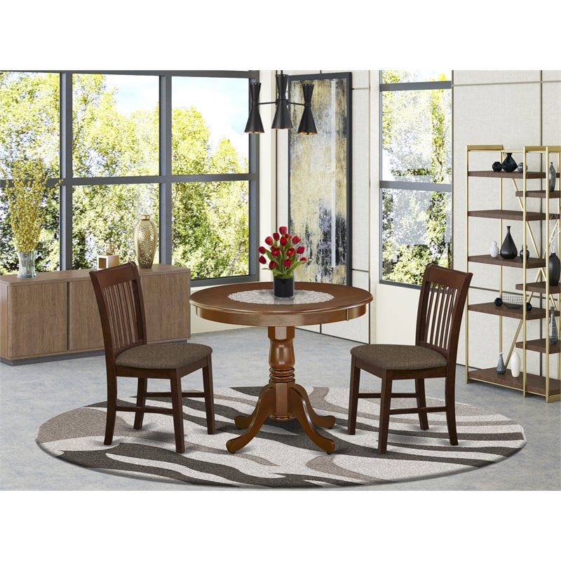 Pemberly Row Antique 3-piece Dining Set w/ Linen Fabric Seat in Mahogany