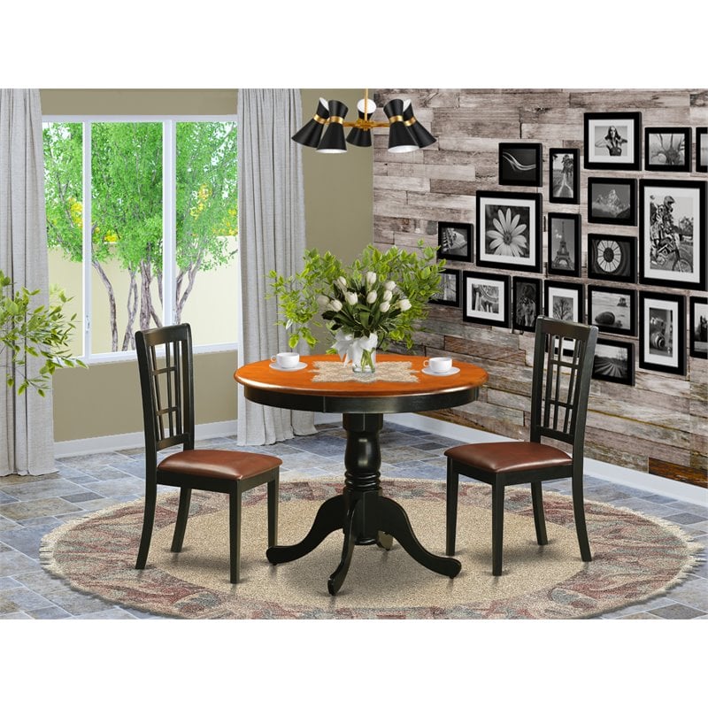 Pemberly Row Antique 3-piece Dining Set with Leather Seat in Black/Cherry