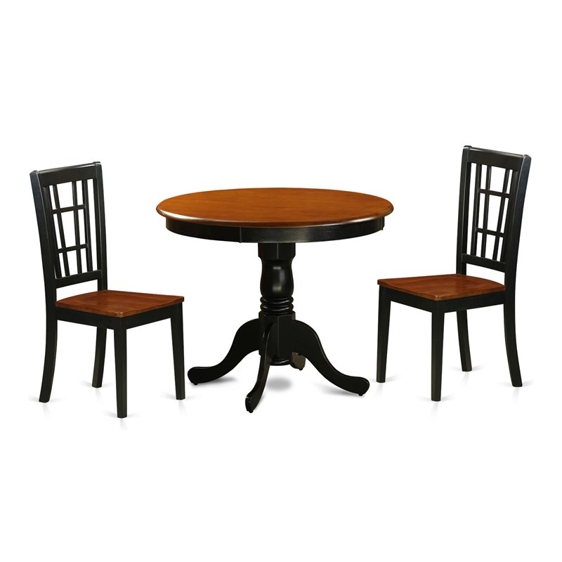 Pemberly Row Antique 3-piece Dining Set with Wood Seat in Black & Cherry