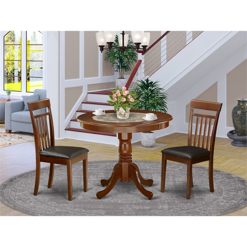 Pemberly Row Antique 3-piece Dining Set with Leather Seat in Mahogany