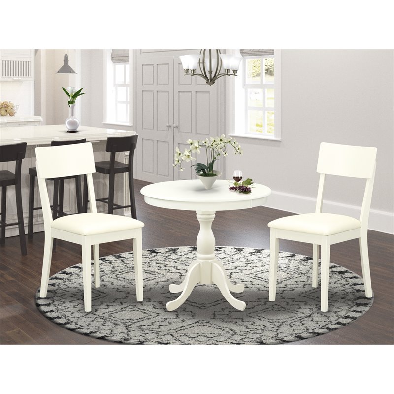 Pemberly Row Antique 3-piece Dining Set with Leather Seat in Linen White