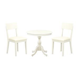 Pemberly Row Antique 3-piece Dining Set with Leather Seat in Linen White