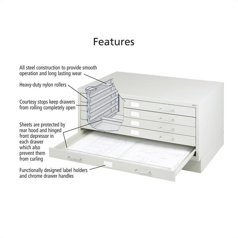 Pemberly Row Medium Facil 5 Drawer Metal Flat Files Cabinet in Light Gray