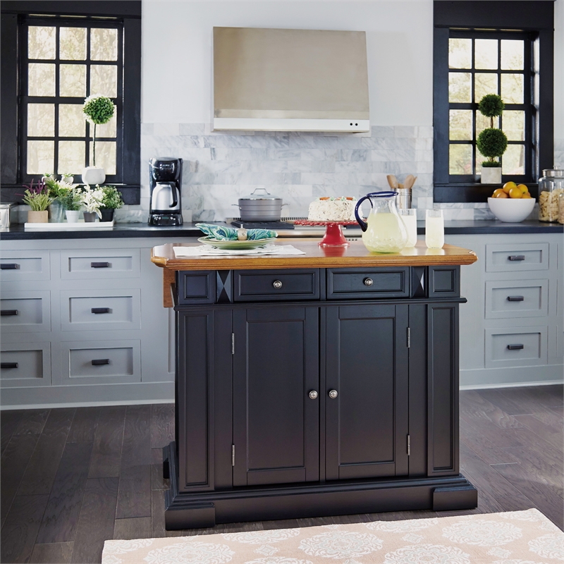 Pemberly Row Traditional Wood Kitchen Island in Black Finish