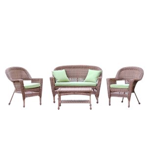 Pemberly Row 4pc Wicker Conversation Set in Honey with Green Cushions