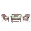 Pemberly Row 4pc Wicker Conversation Set in Honey with Green Cushions
