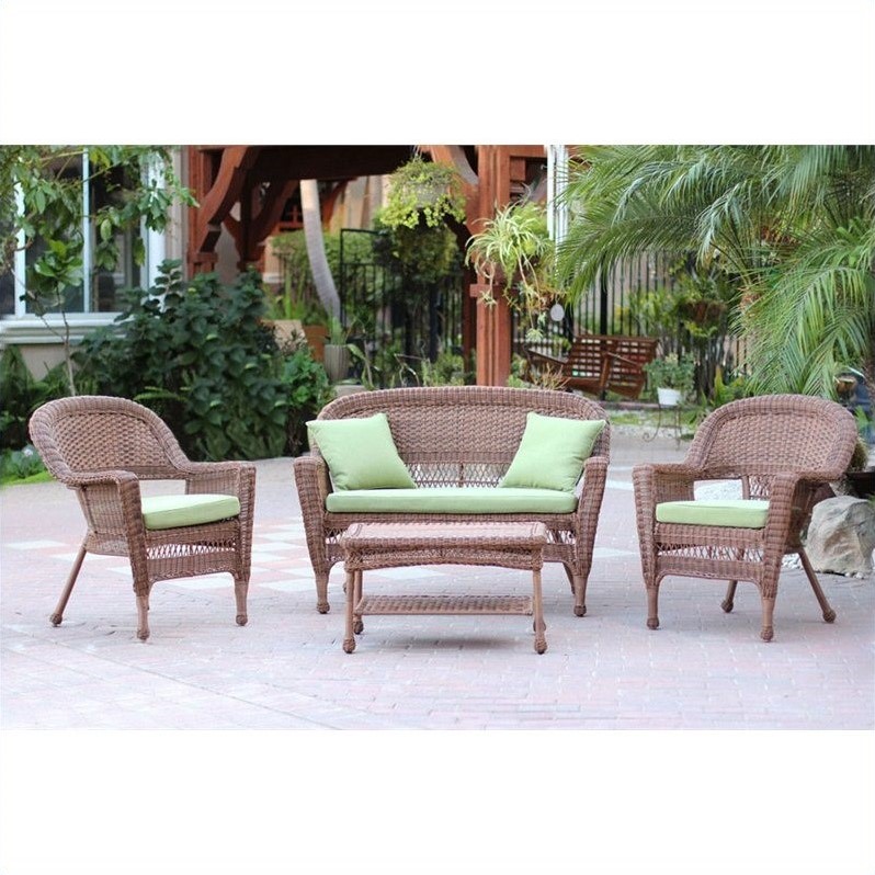 Pemberly Row 4pc Wicker Conversation Set in Honey with Green Cushions