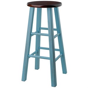 Pemberly Row 29&quot Transitional Solid Wood Bar Stool in Walnut and Light Blue