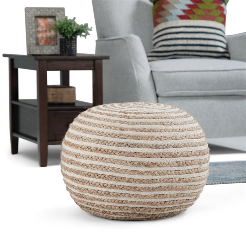 Pemberly Row Contemporary Boho Round Pouf in Natural JUTE Fabric