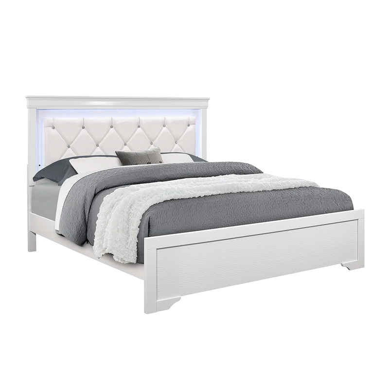 Pemberly Row Contemporary Metallic White King Bed w/ LED Light