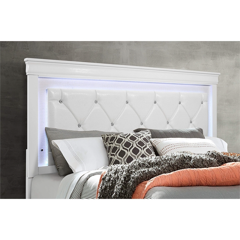 Pemberly Row Contemporary Metallic White King Bed w/ LED Light