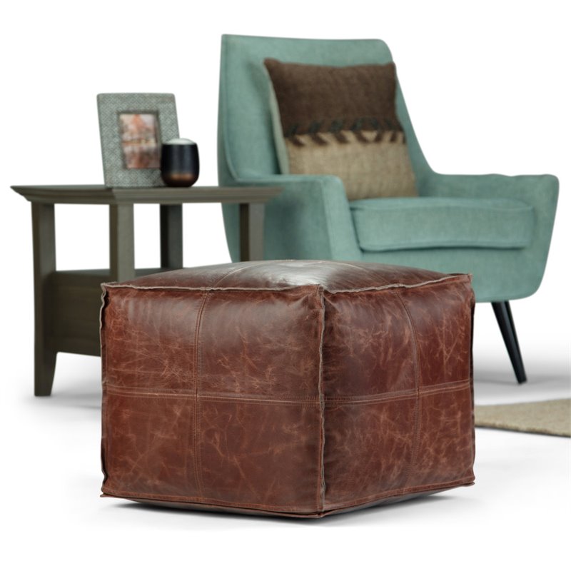 Pemberly Row Contemporary Boho Square Pouf in Brown Genuine Leather