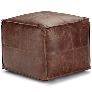 Pemberly Row Contemporary Boho Square Pouf in Brown Genuine Leather