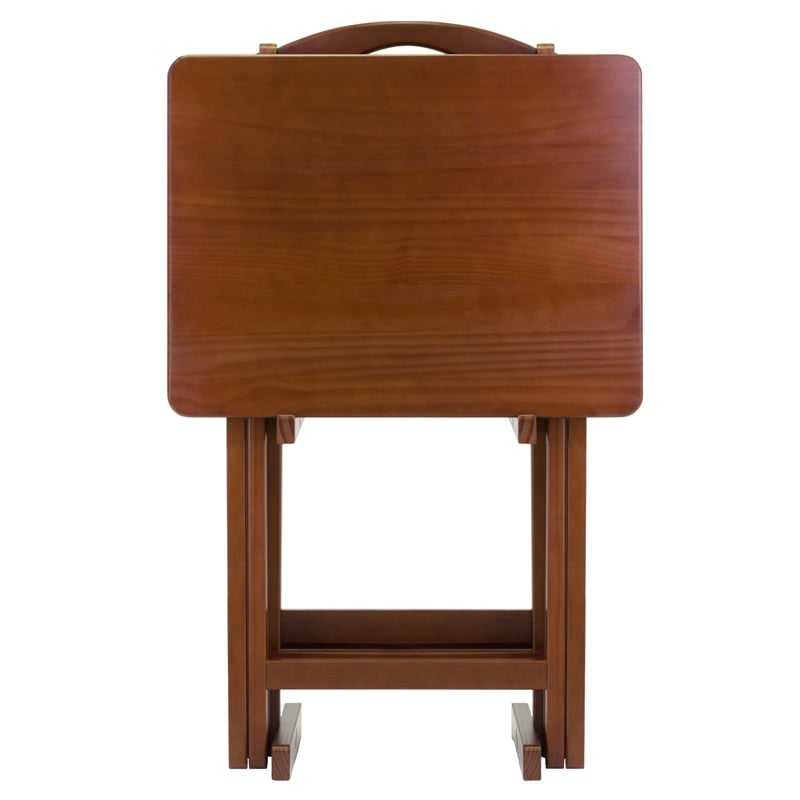 Pemberly Row 5-Piece Transitional Solid Wood Snack Table Set in Walnut