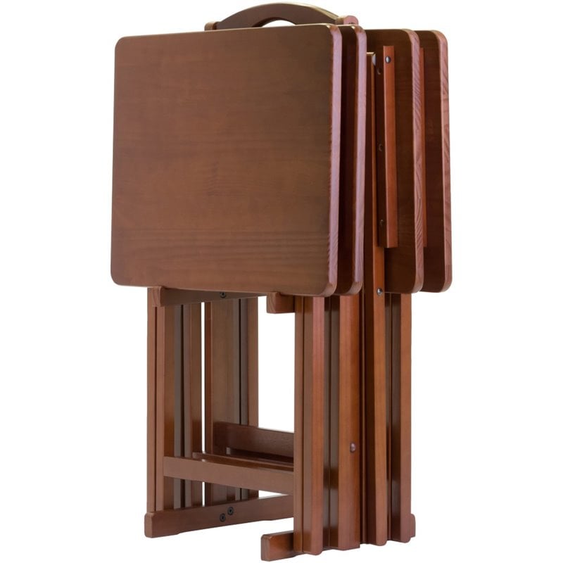 Pemberly Row 5-Piece Transitional Solid Wood Snack Table Set in Walnut